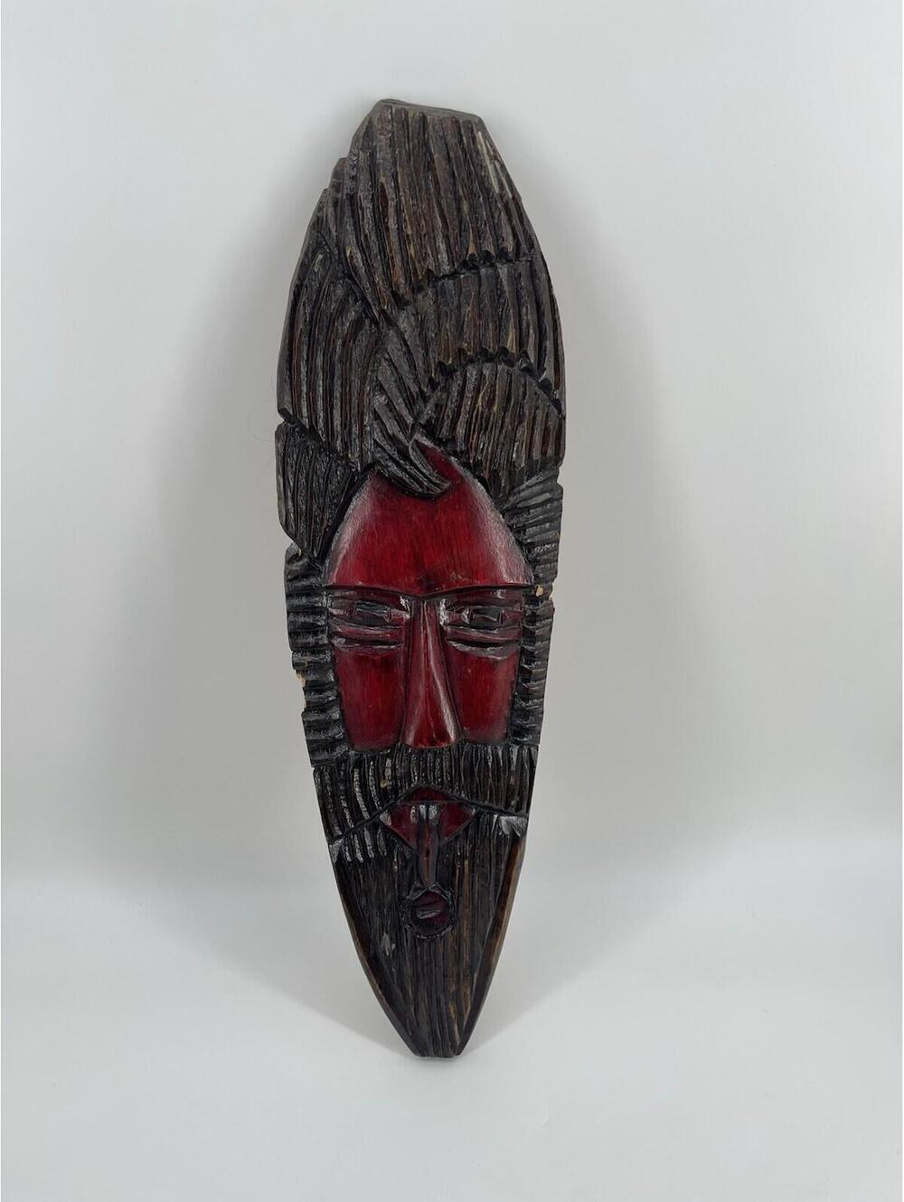 Vintage Hand Carved African Tribal Wall Mask Red Black Wood 20”